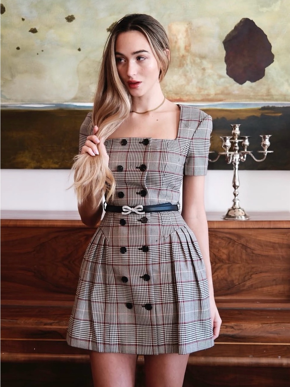 Self-Portrait Houndstooth checked mini dress size US 4 with belt NWT